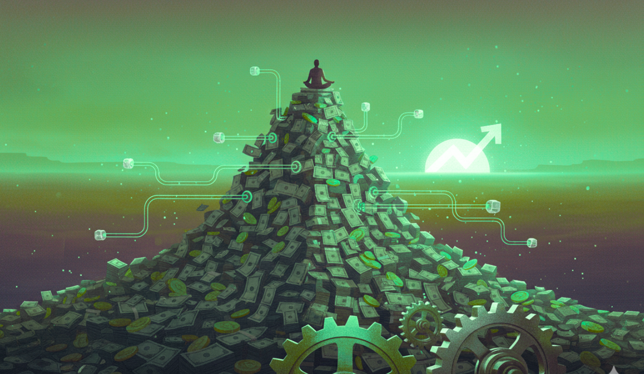 Ilustração de pilha de dinheiro com gráficos e conexões digitais simbolizando estratégias de renda e investimentos em 2026