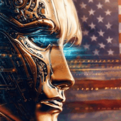 Ilustra&ccedil;&atilde;o representa o avan&ccedil;o da intelig&ecirc;ncia artificial e seus impactos sobre empregos nos Estados Unidos