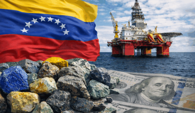 Bandeira da Venezuela, plataforma de petróleo e minerais estratégicos em contexto geopolítico