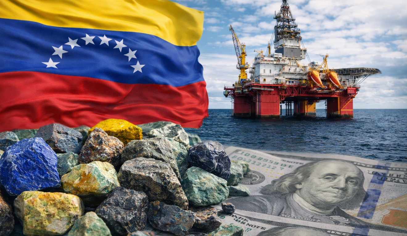 Bandeira da Venezuela, plataforma de petróleo e minerais estratégicos em contexto geopolítico Bandeira da Venezuela, plataforma de petróleo e minerais estratégicos em contexto geopolítico