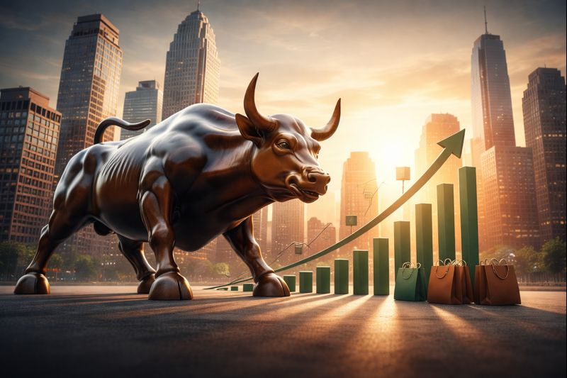Ilustração de um touro simbolizando mercado em alta, com gráficos ascendentes e skyline financeiro ao fundo