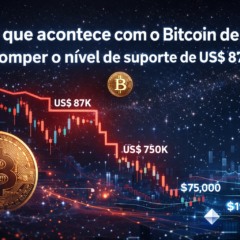 Gr&aacute;fico de queda do Bitcoin com destaque para os n&iacute;veis de suporte de 87 mil e 75 mil d&oacute;lares.