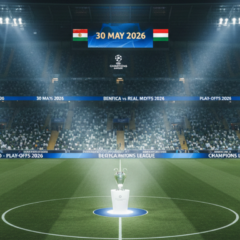 Jogadores em campo durante partida da Champions League com foco na ta&ccedil;a da competi&ccedil;&atilde;o.