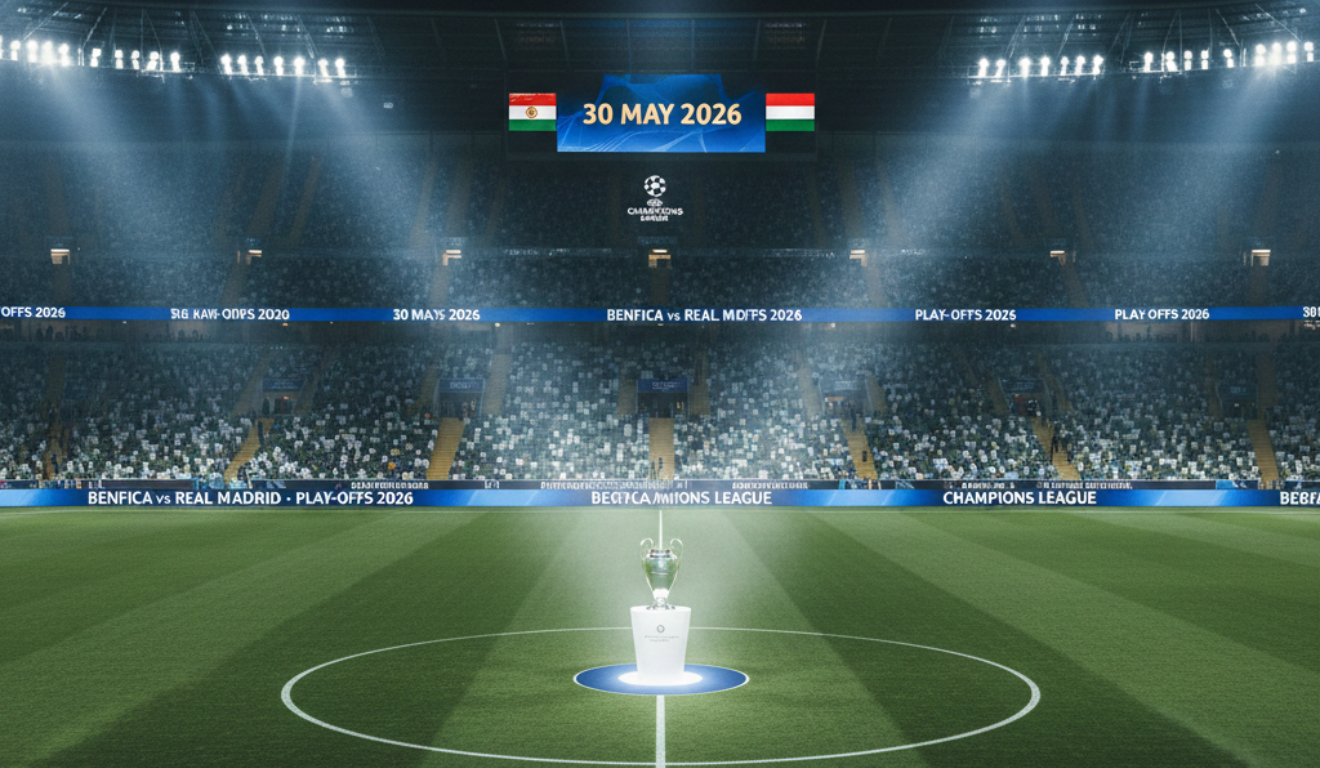 Jogadores em campo durante partida da Champions League com foco na taça da competição. Jogadores em campo durante partida da Champions League com foco na taça da competição.