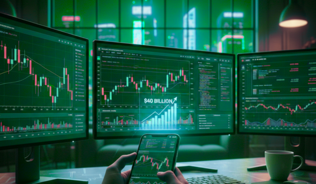 Interface digital de trading em um smartphone exibindo gráficos de velas e indicadores financeiros.