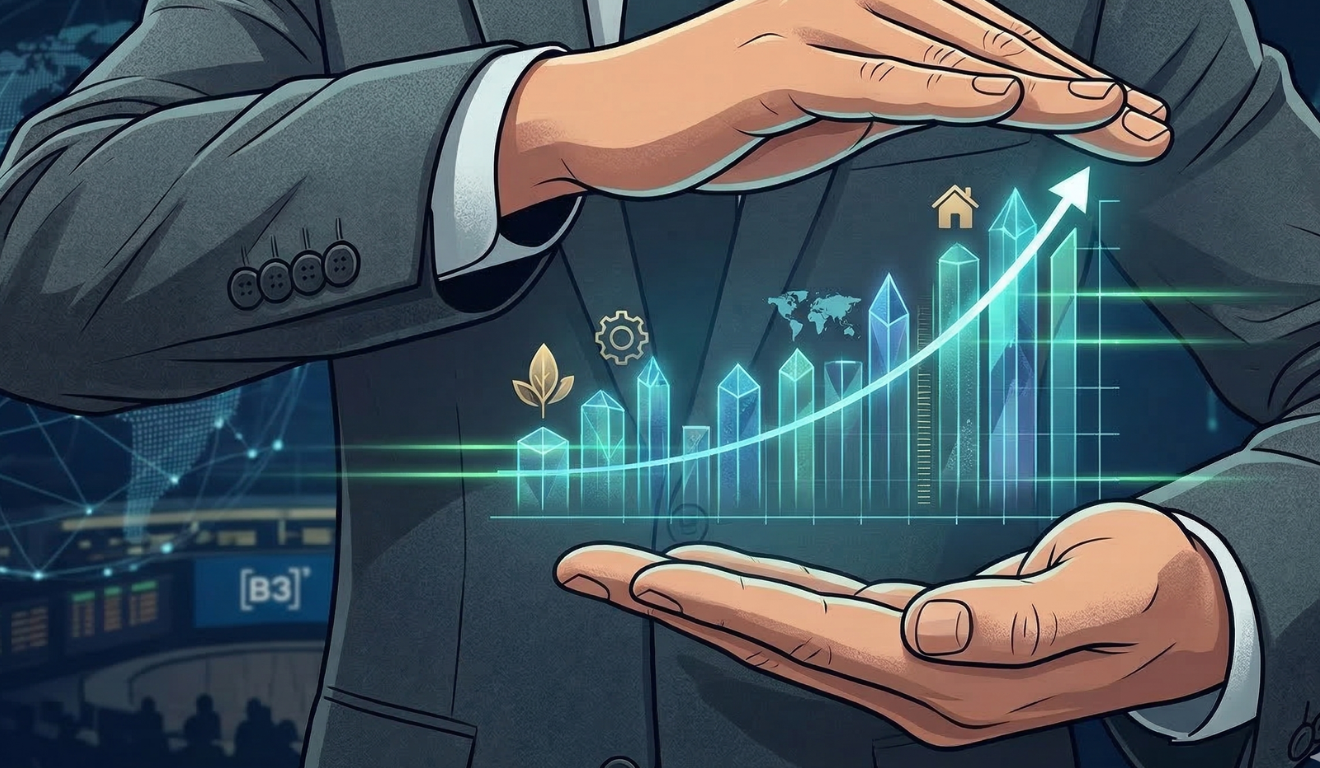 Ilustração estilizada de mãos protegendo um gráfico de crescimento financeiro ascendente, com ícones de casa, engrenagem e mapa-múndi, simbolizando a diversificação de investimentos após o corte da Selic pelo Copom