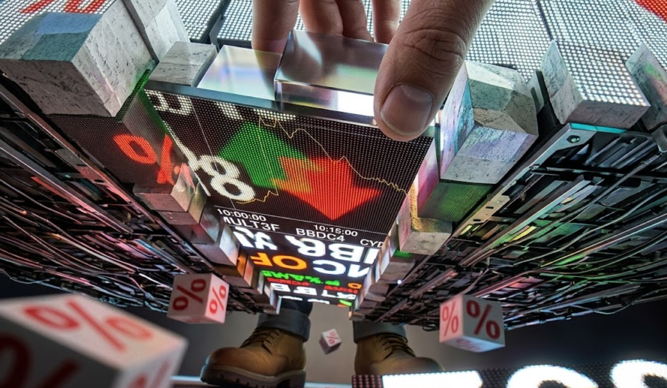 Painel eletrônico da Bolsa de Valores com setas de variação de preços e cotações de ações